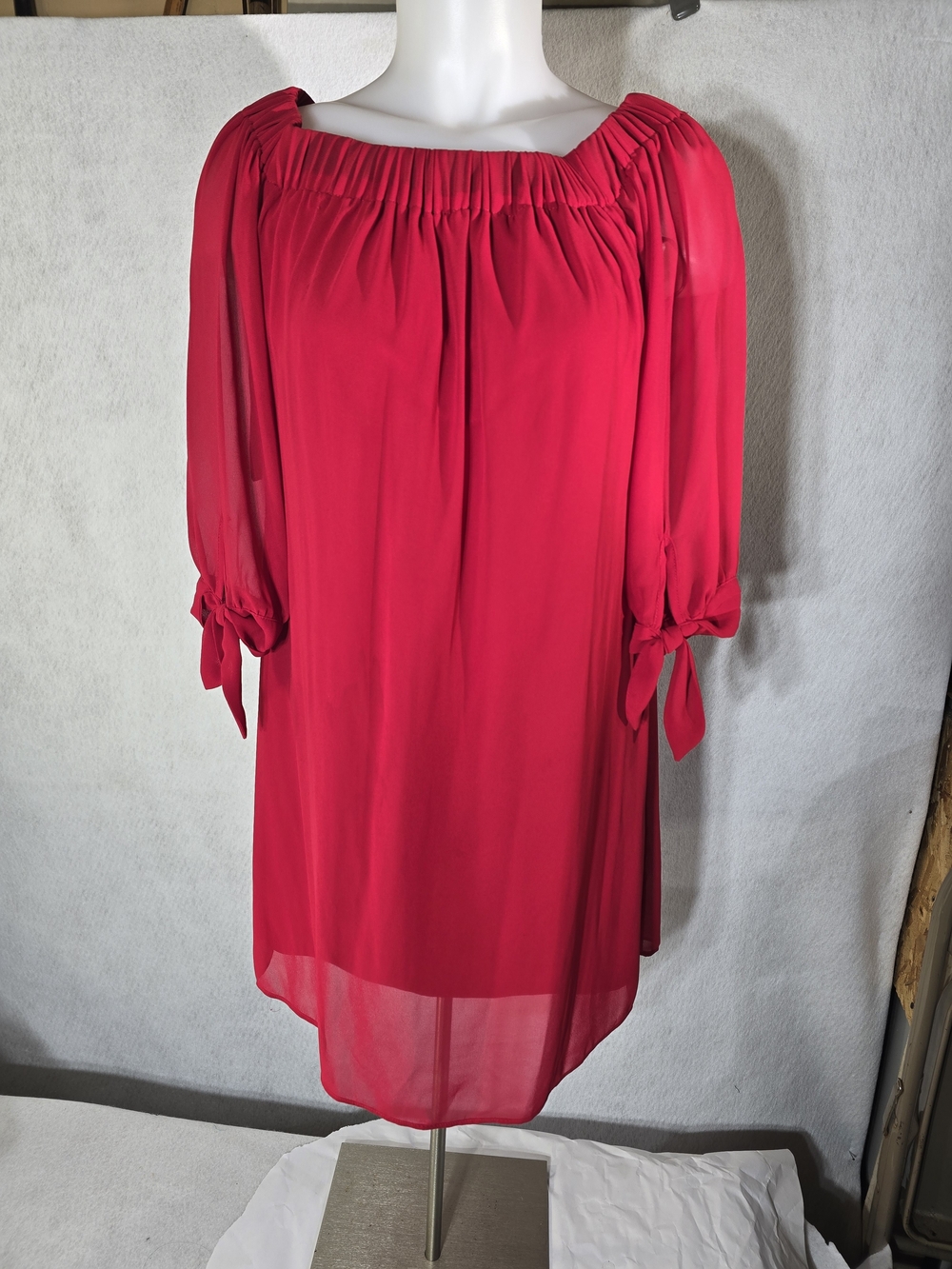 Bright Red Off-Shoulder Tunic with Tie-Sleeve Detail Size L